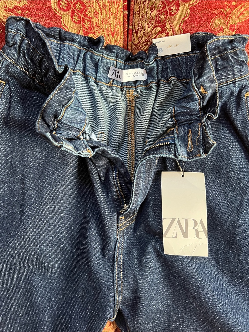 Zara Dark Indigo Paperbag Waist Cropped Jeans - Picture 3 of 5